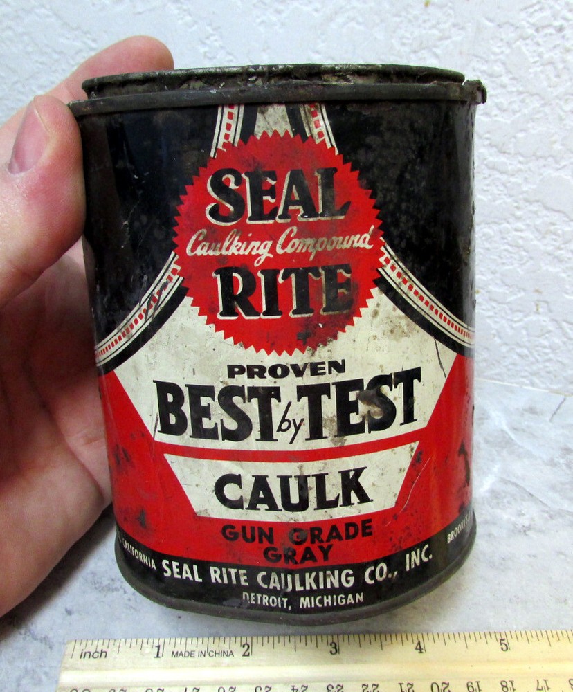 vintage Seal Rite empty Caulk 1 quart tin, nice colors, some staining, man cave
