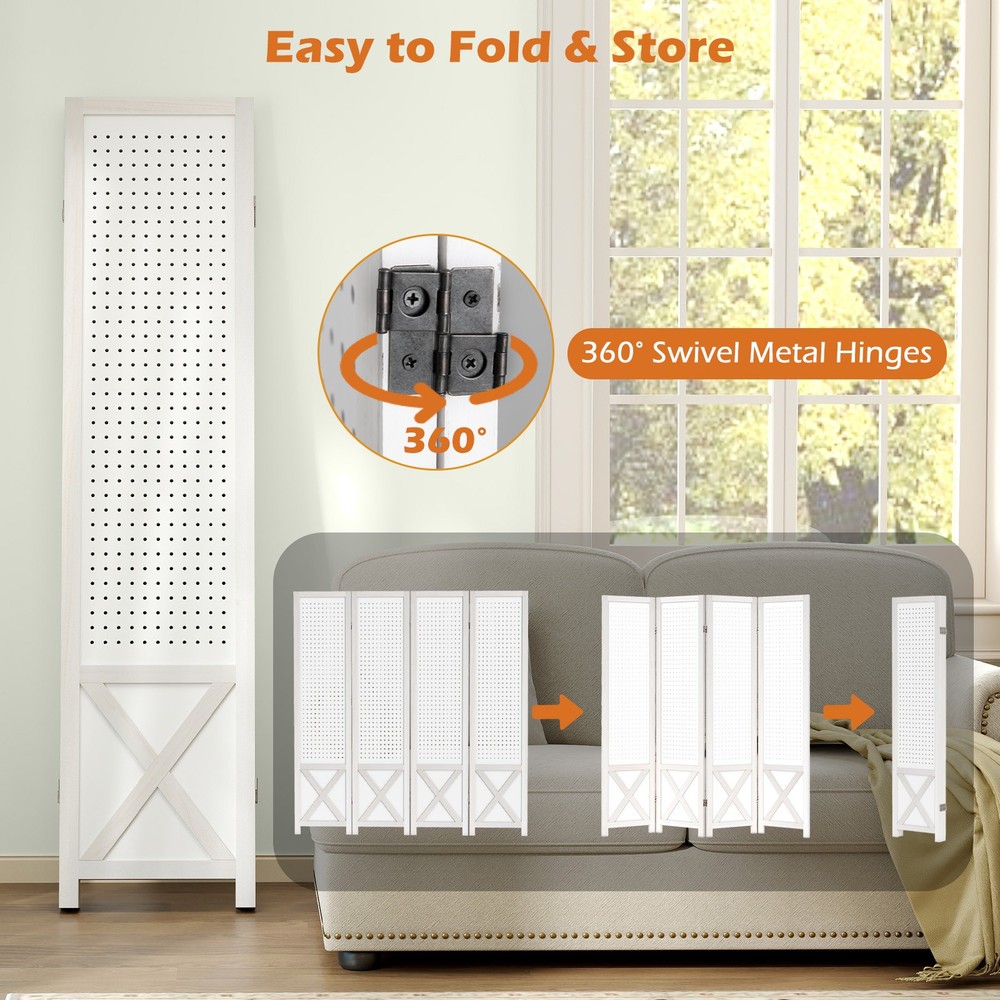 4-Panel Pegboard Room Divider, 67" Tall Foldable Privacy Screen, For Home, White