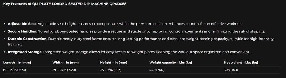 QLI PLATE LOADED SEATED DIP MACHINE