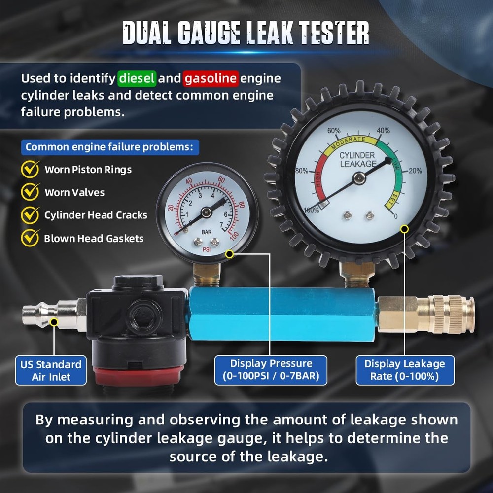 46PCS Compression and Leakage Test Kit Petrol & Diesel Compression Tester Kit...