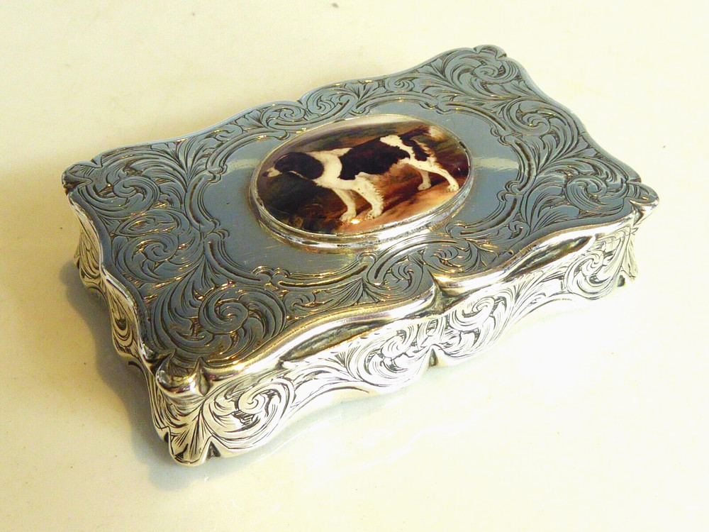 FINE SILVER HALLMARKED 1852 PICTORIAL ENAMEL DOG BOX.