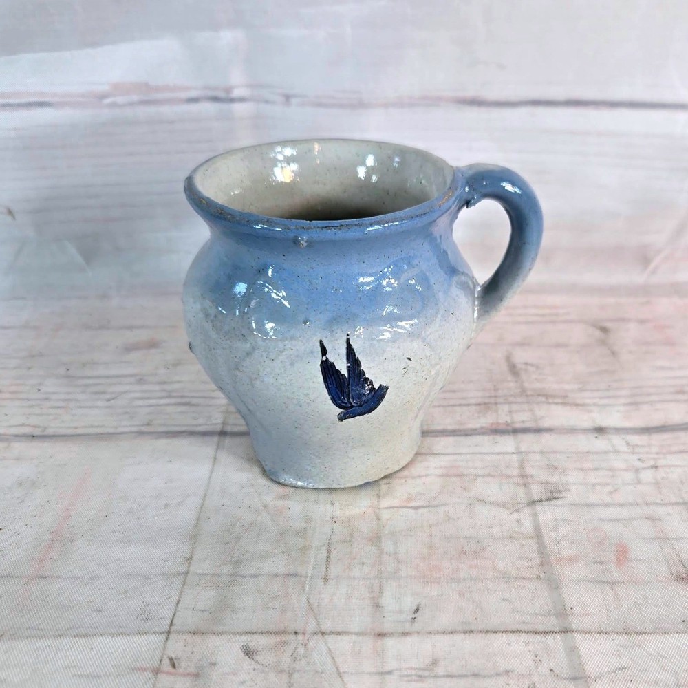 Vintage Blue White Ceramic Mug Small Pitcher Bird Design Handle