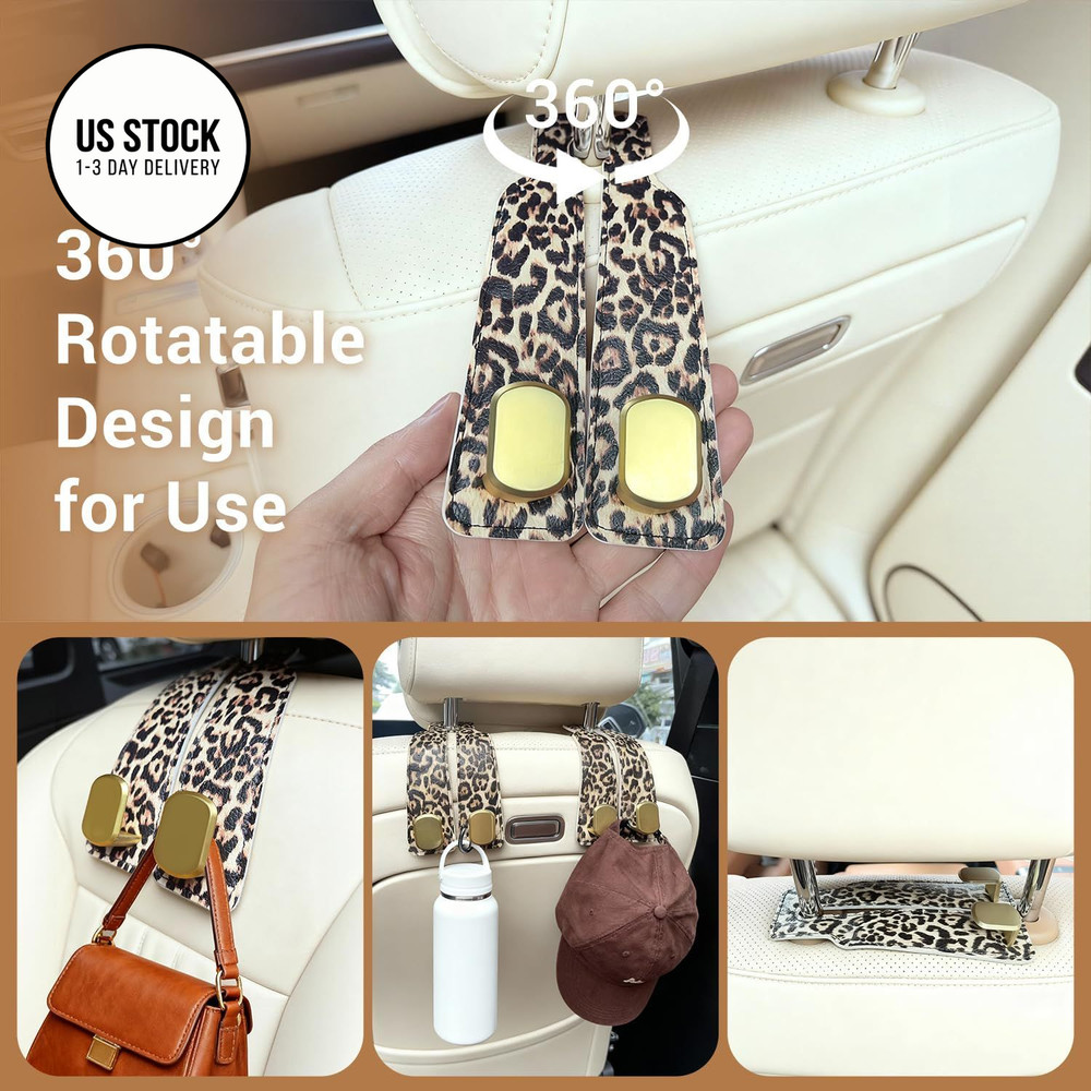 FLYEEGO 2 Pack Purse Hook for Car Headrest, Seat Back Storage Leopard