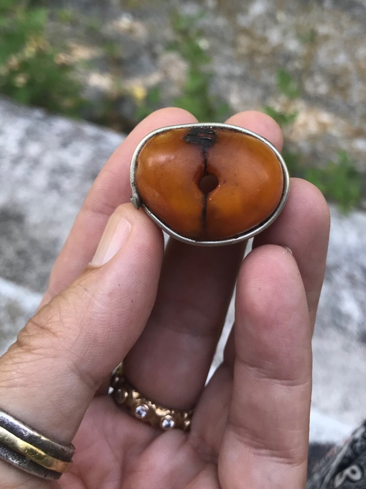 (B) Repaired antique Berber Amber Bead Silver Morocco #4