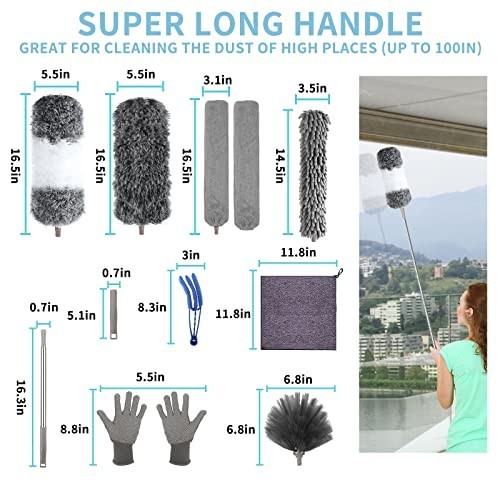 30-100 Inch Microfiber Feather Duster with Extension Pole - Washable, Bendable,