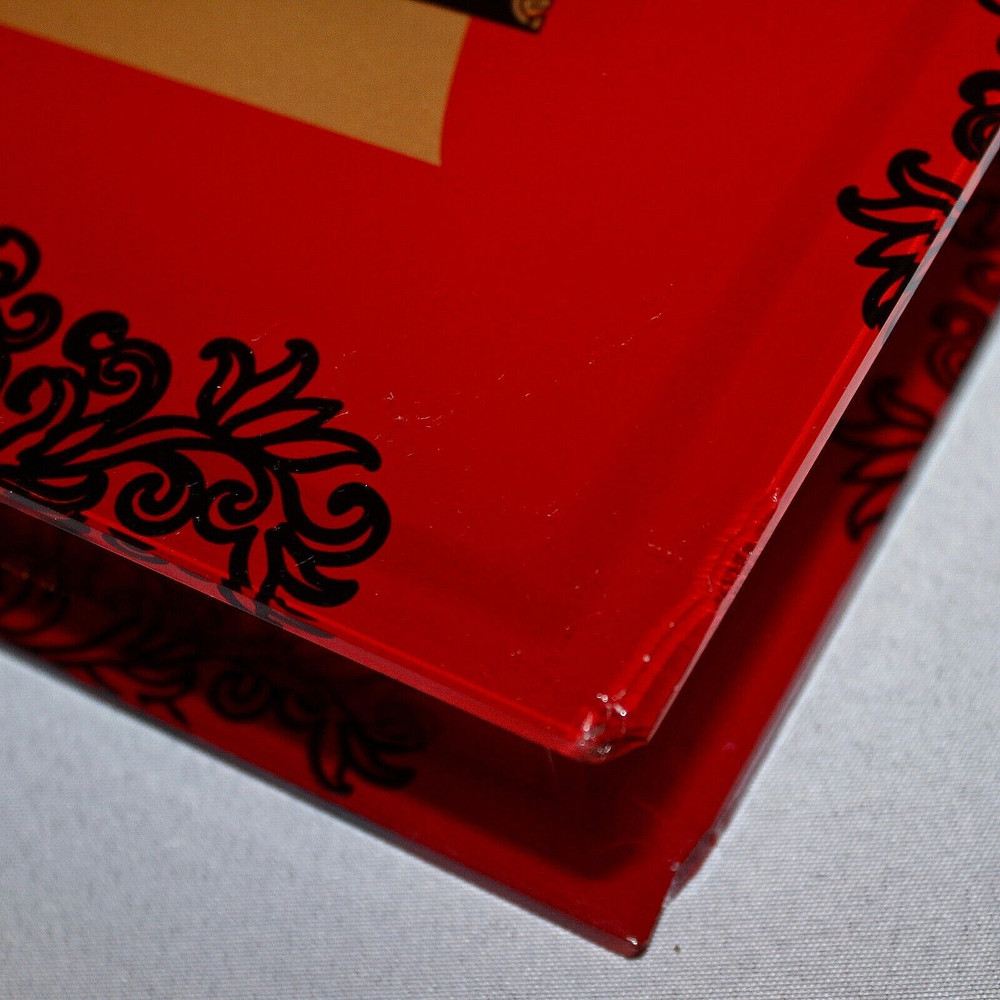 Red Rectangular Glass Vase with painted kimona design Front/back