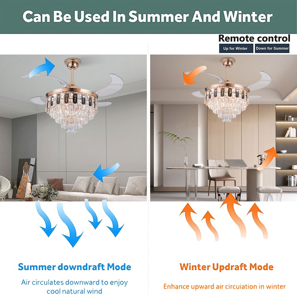 Crystal Ceiling Fan Light 6 Speed Modern LED Dimmable Pendant Lamp With Remote
