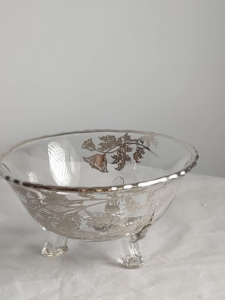 Silver Edged Glass Inlay Three Footed Dish Bowl