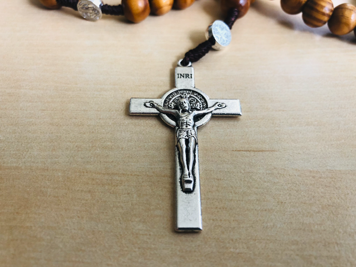 Saint St Benedict Wooden Rosary for Men Women Wood Prayer Beads Crucifix Cross