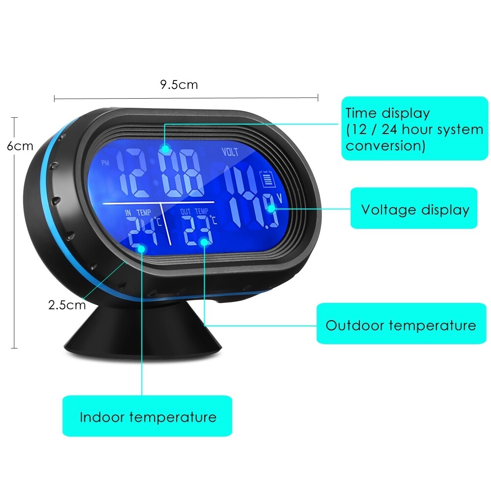 Mini Car Dash Panel Blue LED Digital Thermometer/Voltmeter/Clock Voltage Gauge