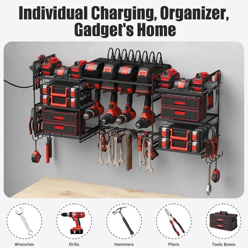 Power Tool Organizer Wall Mount Tools and Battery Storage Rack Charging Station
