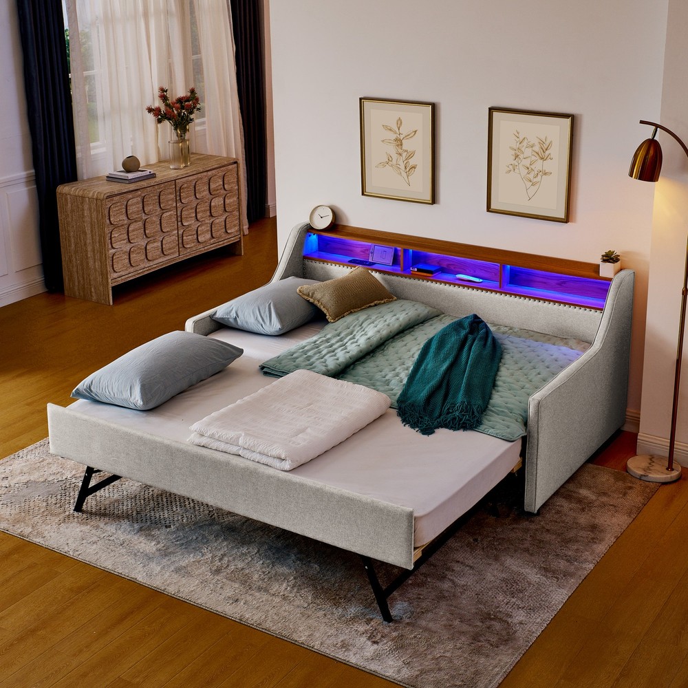 Twin Size Upholstery Sofa Bed with Three LED lights, with Storage Adjustable Hea