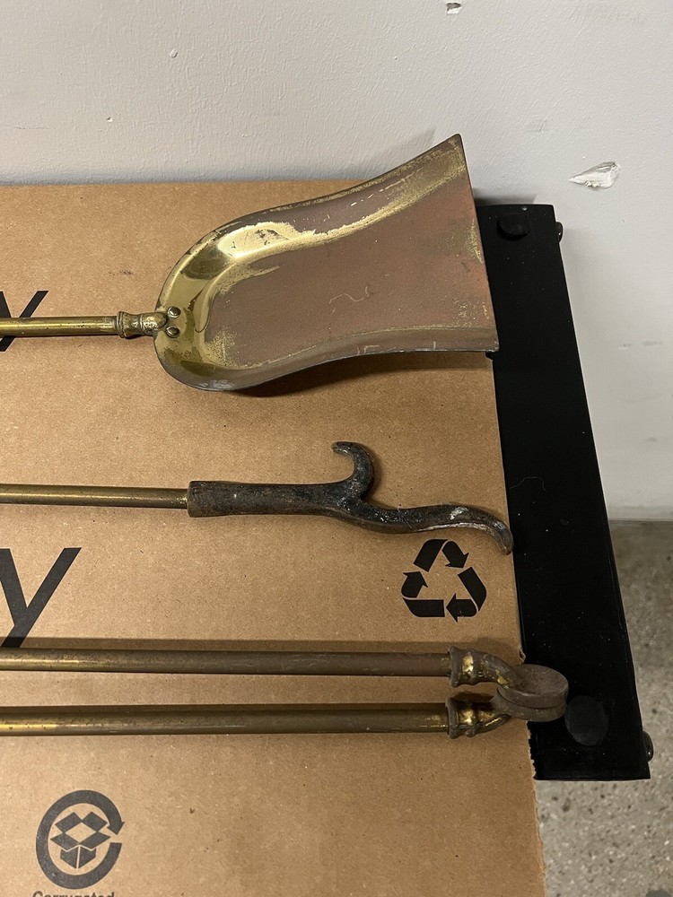 Vintage Solid Brass Fireplace 3 Tools with Stand Set