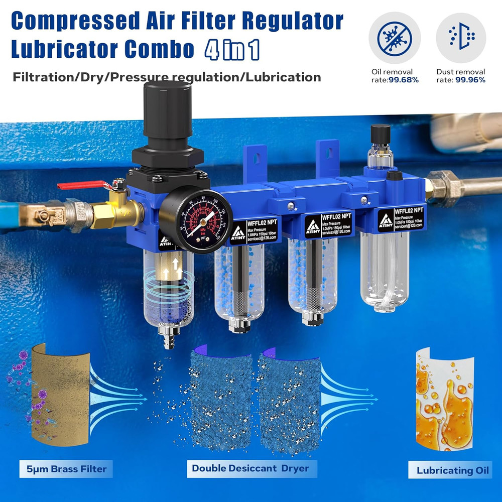 1/4"NPT Air Filter Regulator Lubricator Combo, Air Regulator and Water Separator