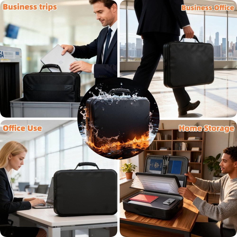 Fireproof Document Box (Soft-Shell) with Lock & 15x4.1x11 inches, black