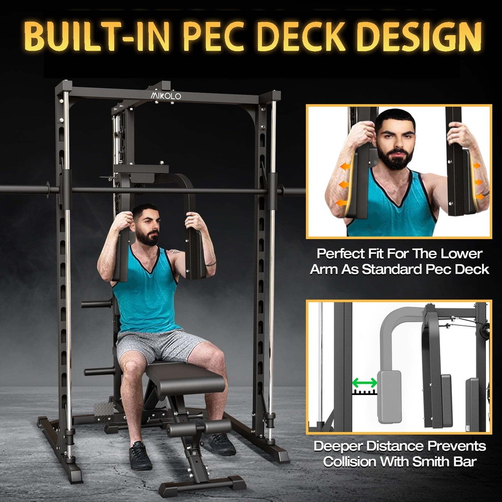 Smith Machine Home Gym Power Rack Pec Deck Lat Pull down w/Bar, Low Row Cable