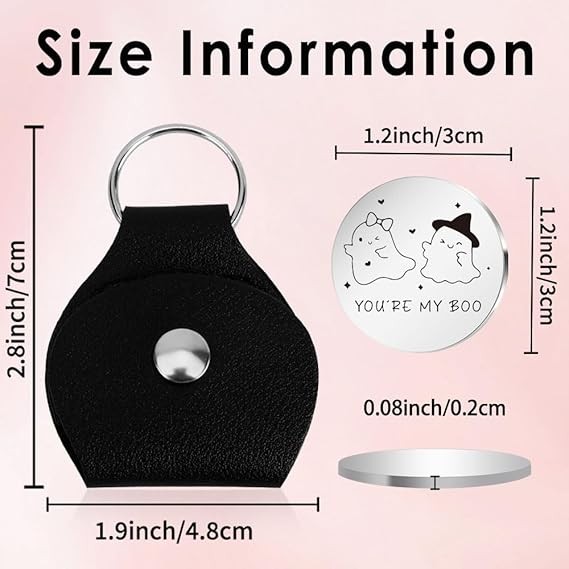 Whimsical Ghost Design Durable Pocket Hug Token with Black Leather Keyring Pouch