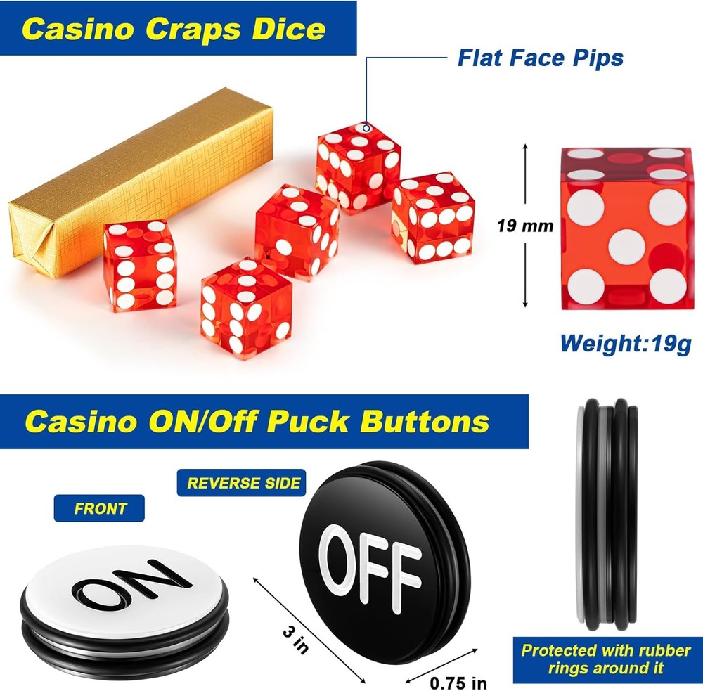 Craps Tabletop Game Set, Includes 35" X 70" Rubber Craps Tabletop Layout Mat, 36