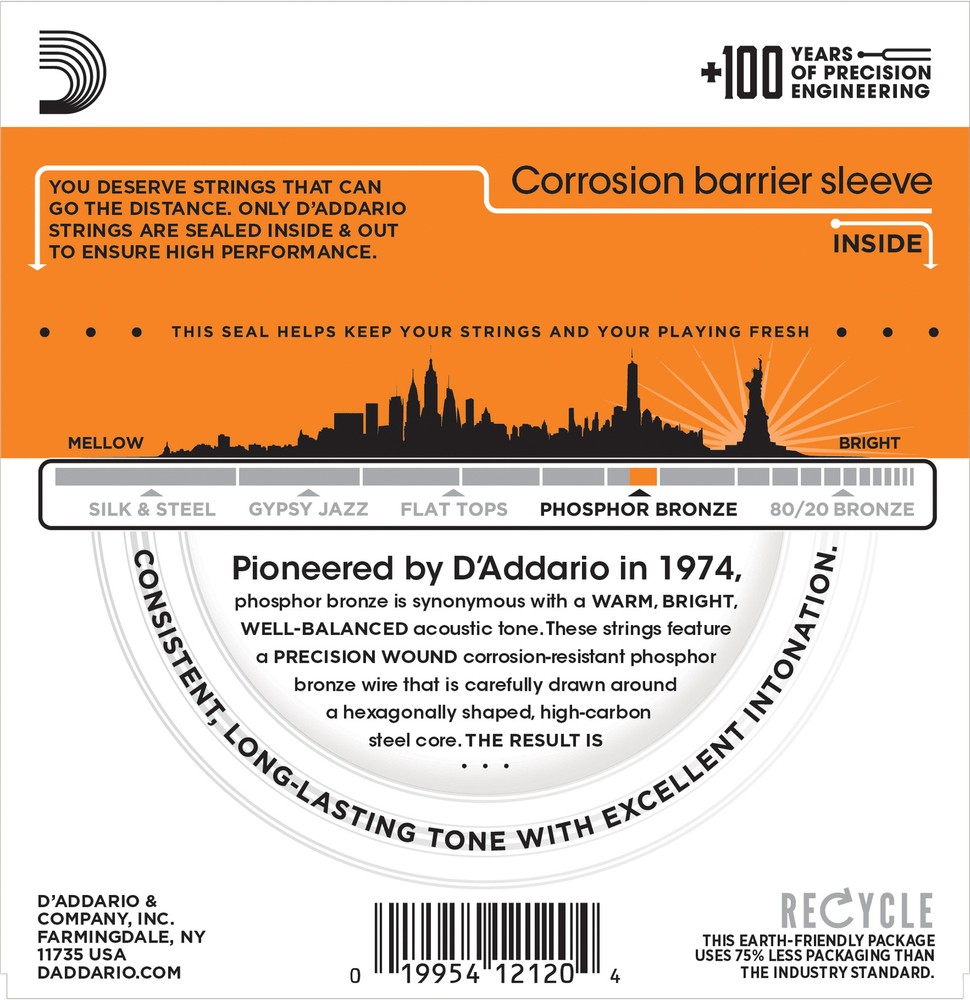 1 Set D'Addario EJ41 Phosphor Bronze 12 String Acoustic Extra Light 9-45
