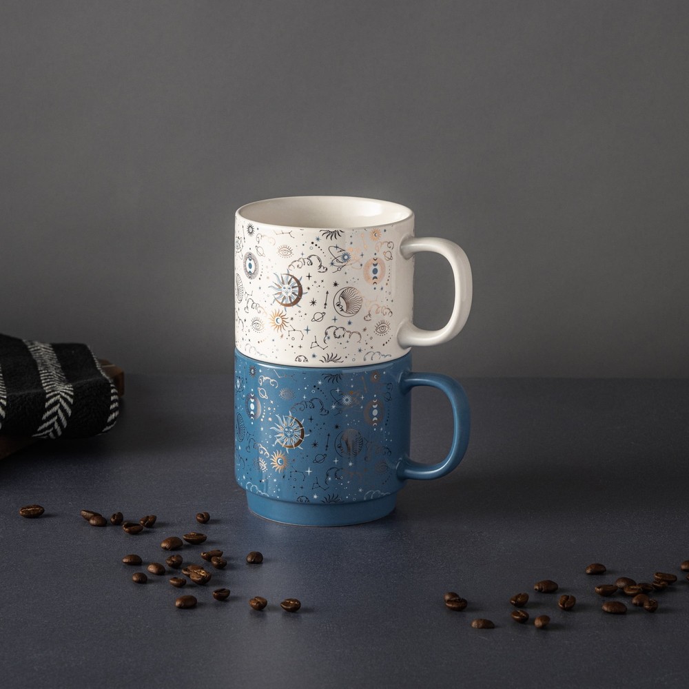 2 Pack Stacking Celestial White and Blue Mugs 14.2 fl oz, Stoneware