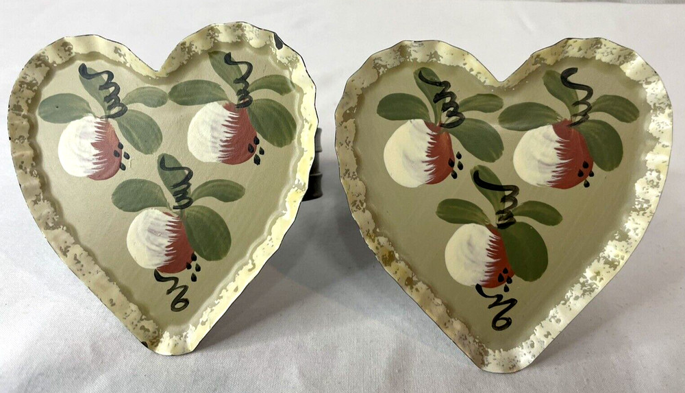 Hand Painted Artist Crafted Tin Heart Curtain Pull Backs Two Sets Cottage Core