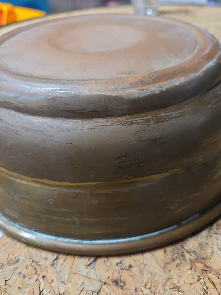 Vintage Copper Tin Lined Bowl Dish 9"x3" Handle Ring