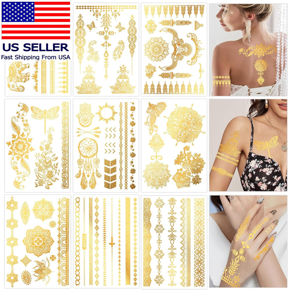 9 Sheets Metallic Tattoos, Elaborate Floral Elephant Patterns Metallic Temporary
