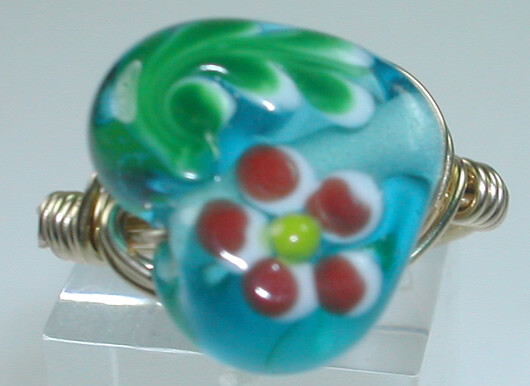 Wire Wrapped Lampwork Floral Heart Bead Ring Handcrafted