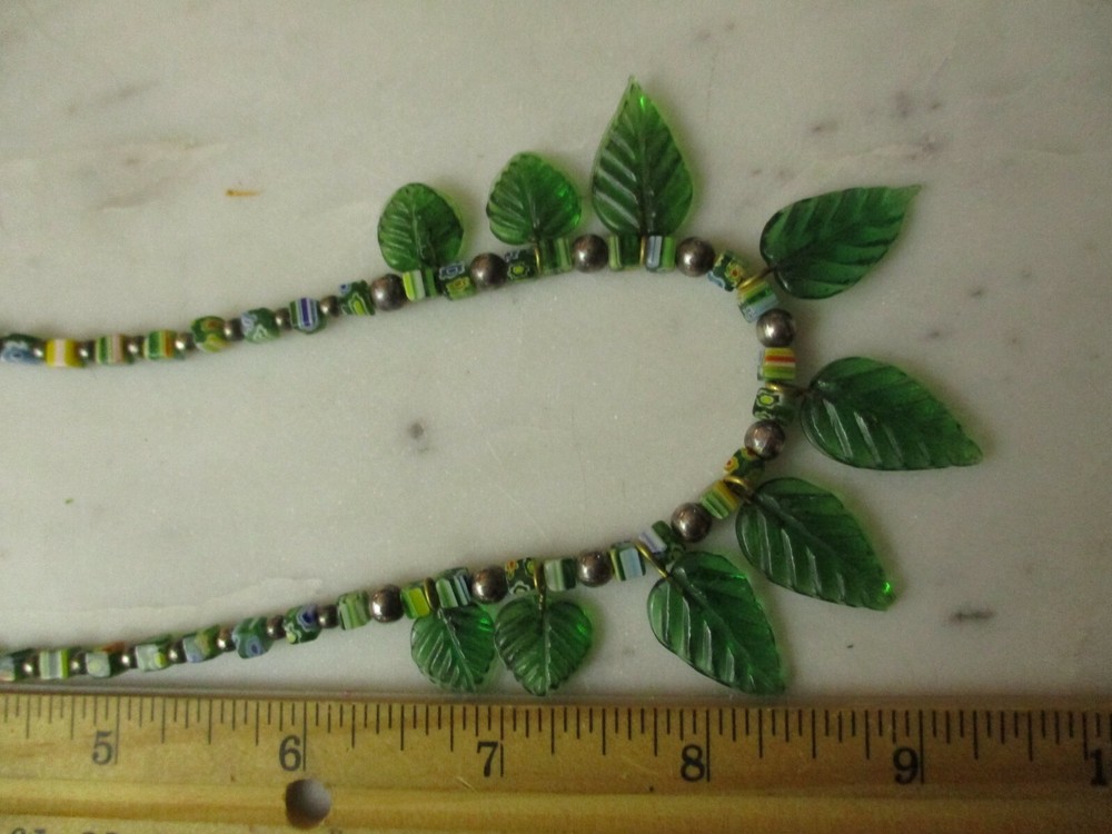 Glass necklace Merano beads leaf pattern hippy boho