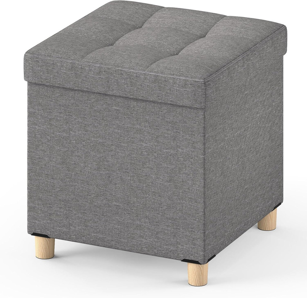 Small Storage Ottoman Cube with Tray Lid, Folding Linen Fabric Foot Stool with E