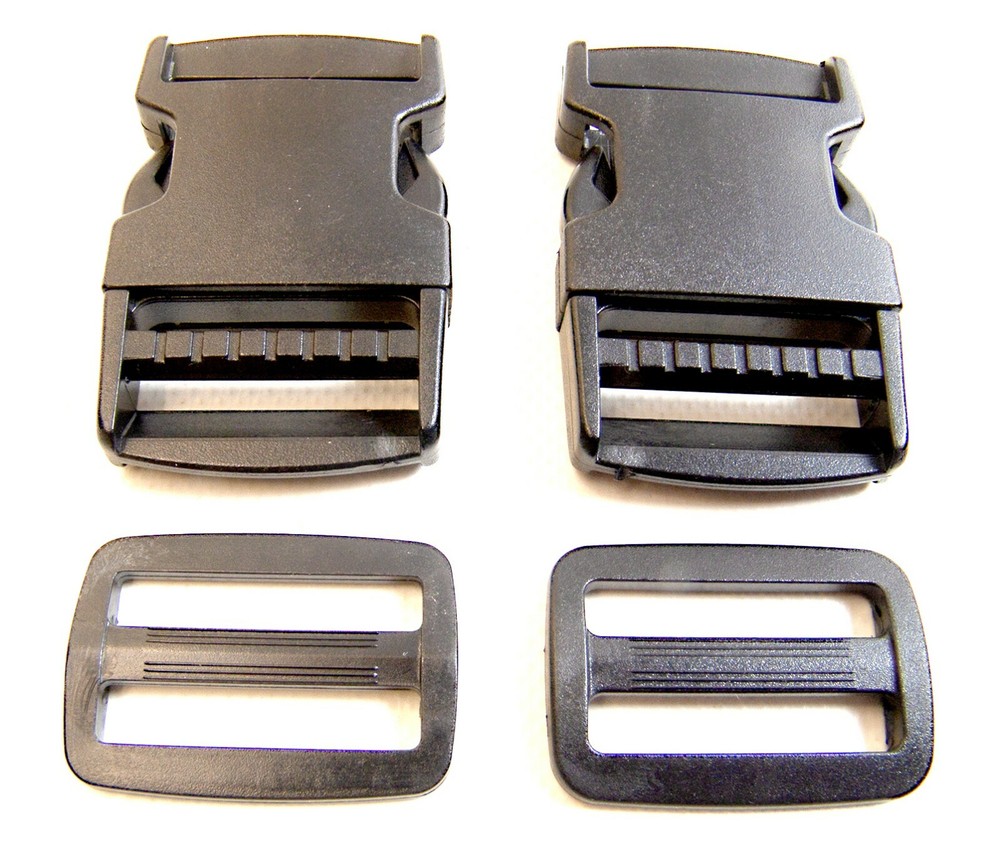 Quick Release Buckle, Clip, Side Release, 1½" Plastic w/ Webbing Slide, 2 Pc Set