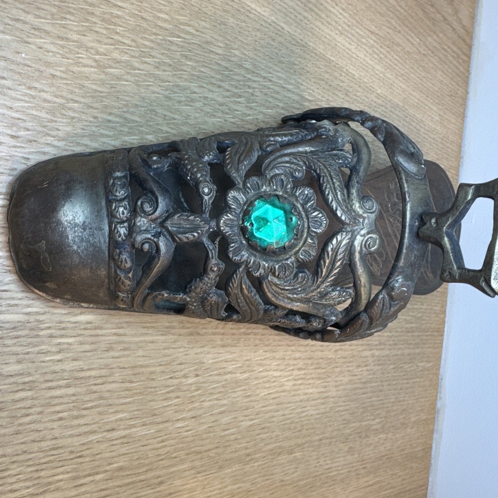 Vintage Peruvian Slipper Stirrup Brass With Green Gem Stone