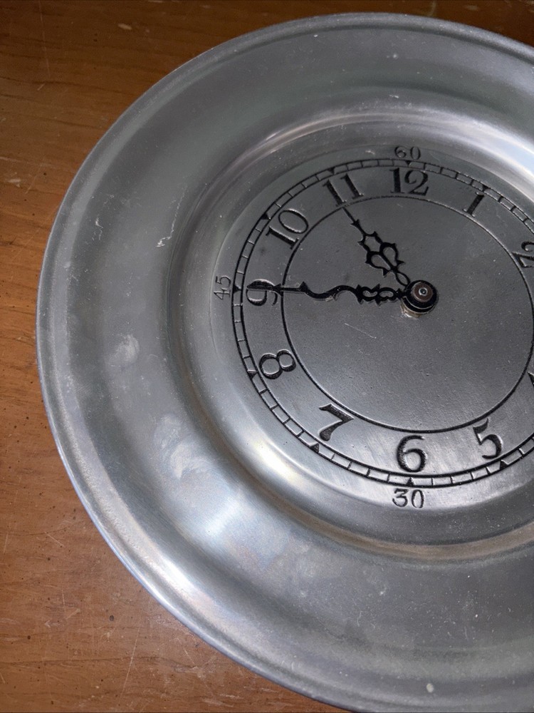 Vintage 10” Pewter Plate Wall Clock WORKING