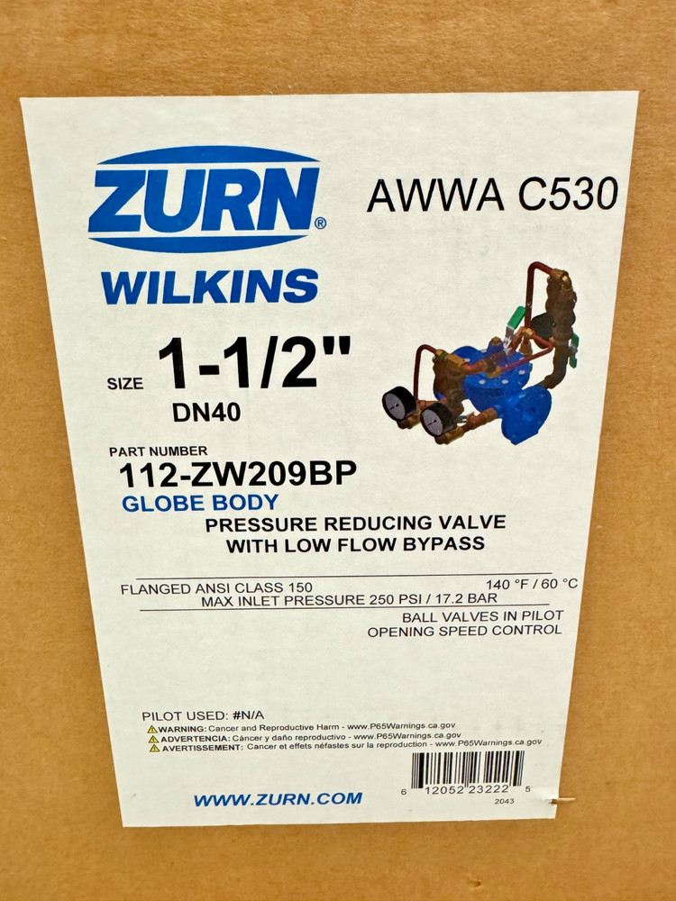 ZURN 112-ZW209BP Pressure Reducing Valve w/ Low Flow Bypass 1-1/2" Flanged (NIB)