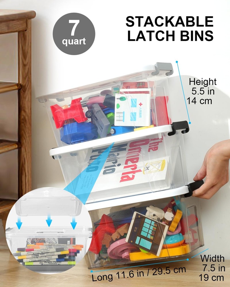 Plastic Storage Bins with Lids 6 Pack Storage Organizer, 7 Quart Stackable St...