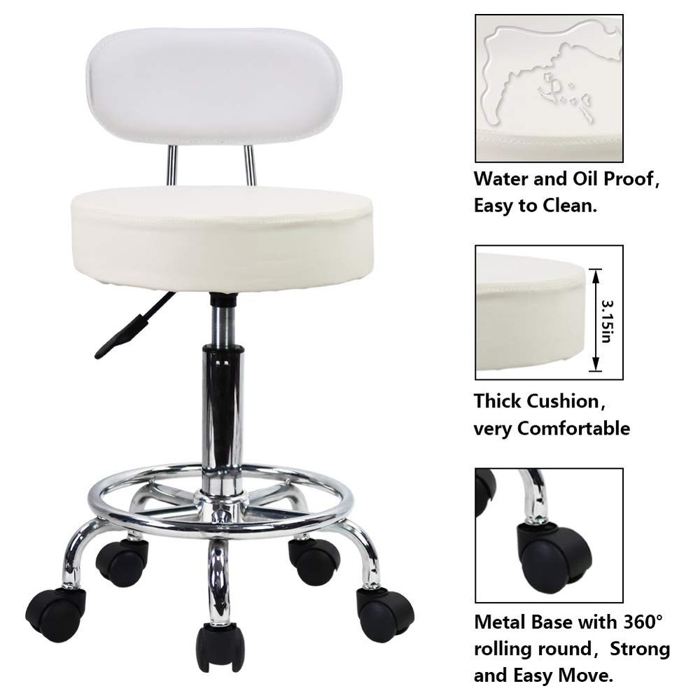 PU Leather Rolling Stool Mid-Back with Footrest Height Adjustable Office