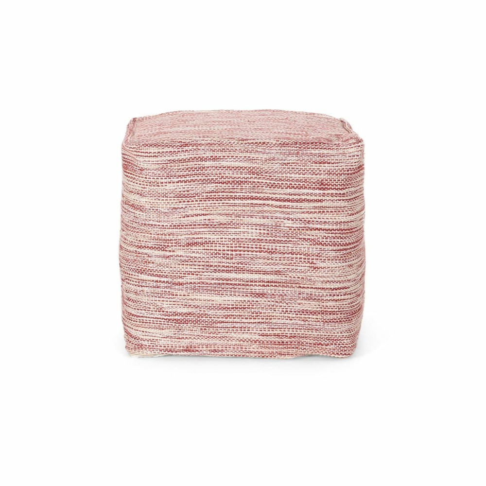 Boho Handmade Fabric Cube Pouf, Red and White