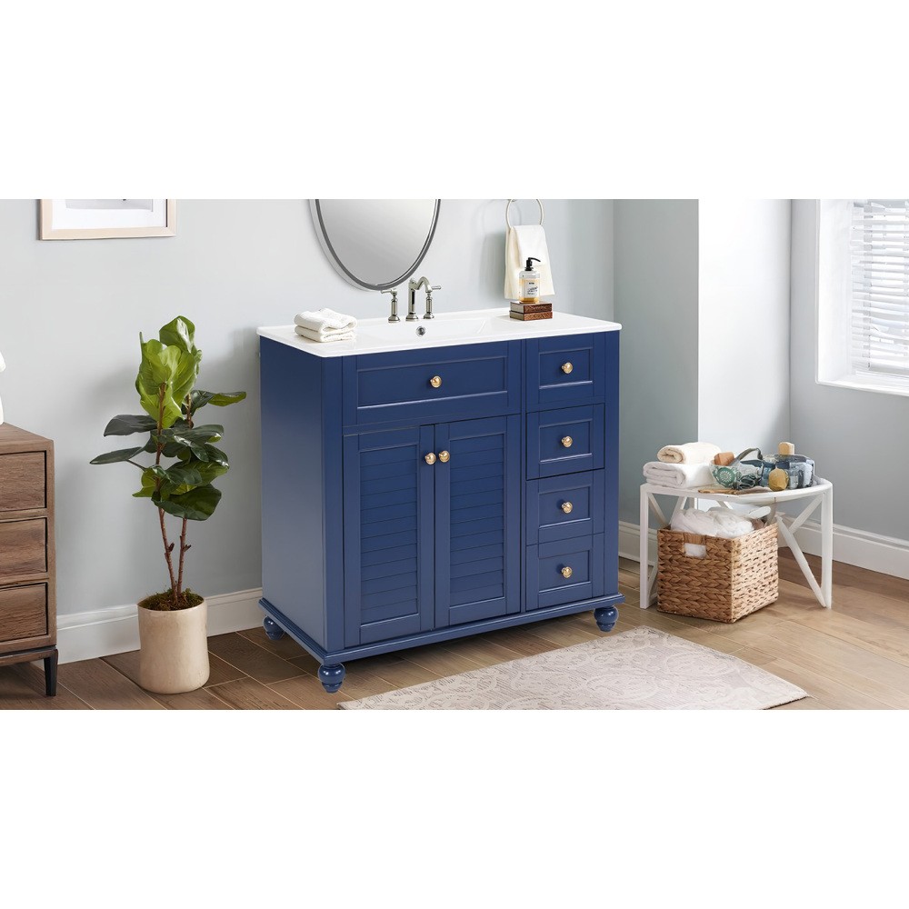 36" Blue Bathroom Vanity with Ceramic Sink, Soft-Close Drawers, Solid Wood Frame