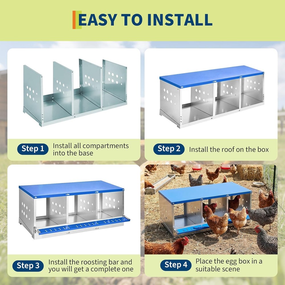 3 Compartment Chicken Nesting Box, Heavy Duty Galvanized Steel Laying Box