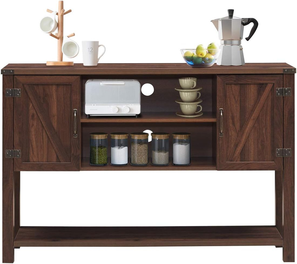 Modern Brown Console Table Buffet with Storage Cabinets and Bottom Shelf