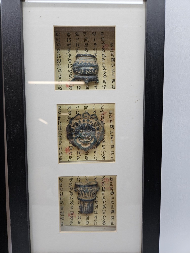 Set 2 Vintage Chinese Objects in Shadow Box Wall Decor - Calligraphy Beautiful!