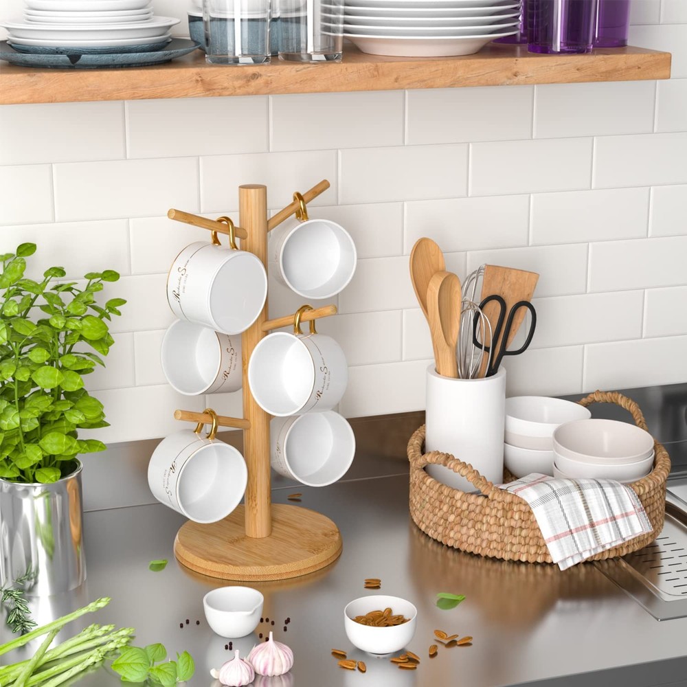 Bamboo Mug Tree with Thicker Base - Countertop Coffee Cup Stand with 6 Hooks