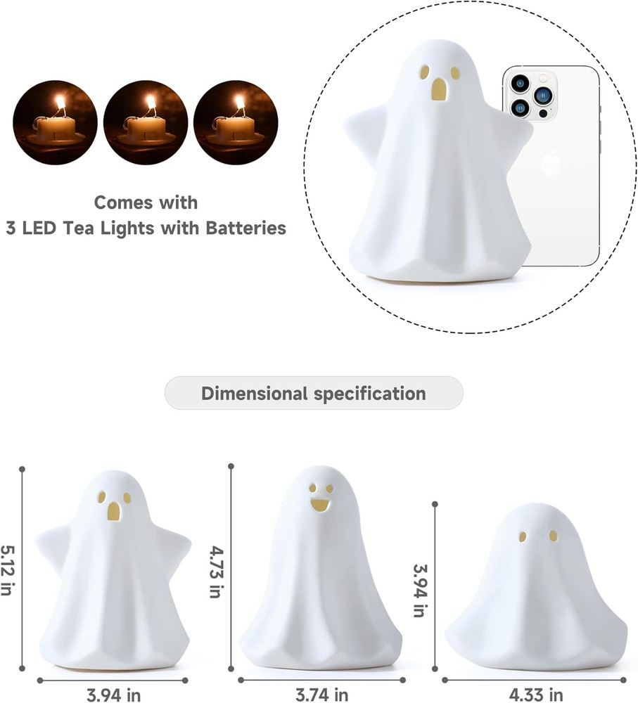 Ceramic Ghosts Small White Ghost Figurine, 3PCS Light up Ghost Decor