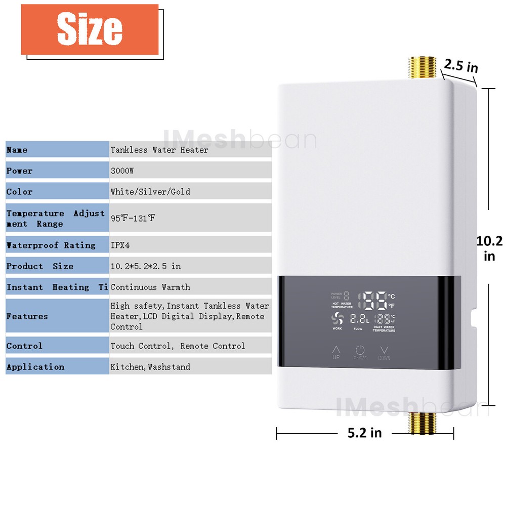 3000W Kitchen Electric Hot Tankless Water Heater Shower Instant Boiler Bathroom