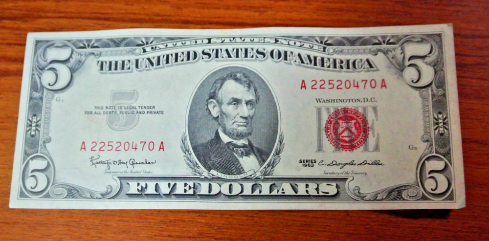 Series 1963 $5 Five Dollar  Bill Red Seal Note AU