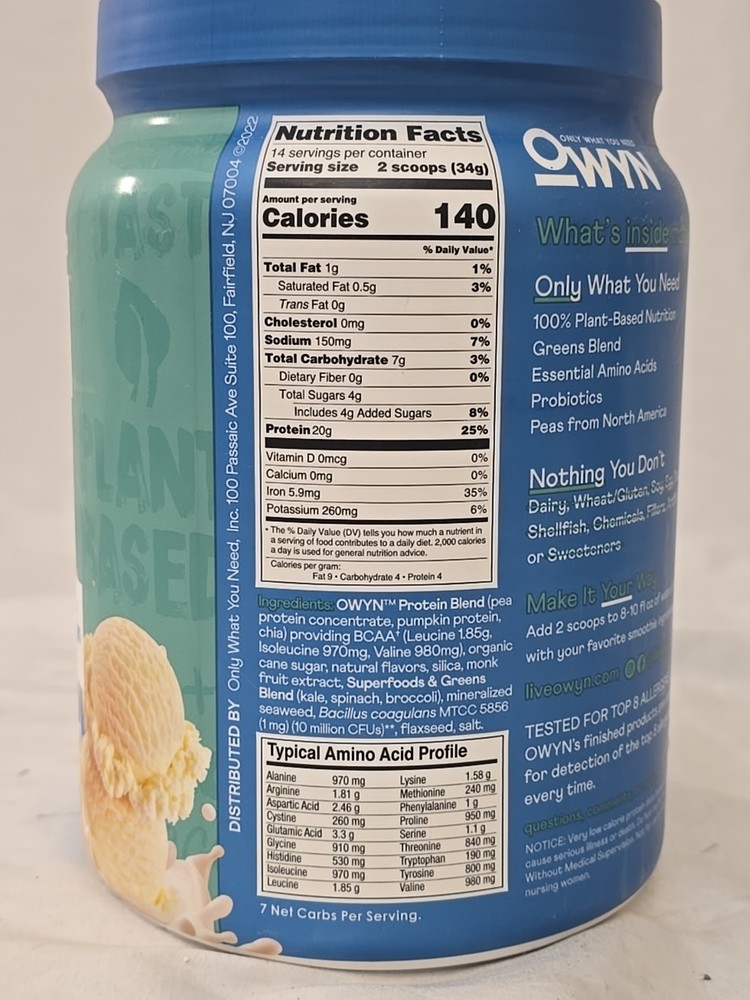Owyn 20g Plant Based Protein Smooth Vanilla 1.05 Lb