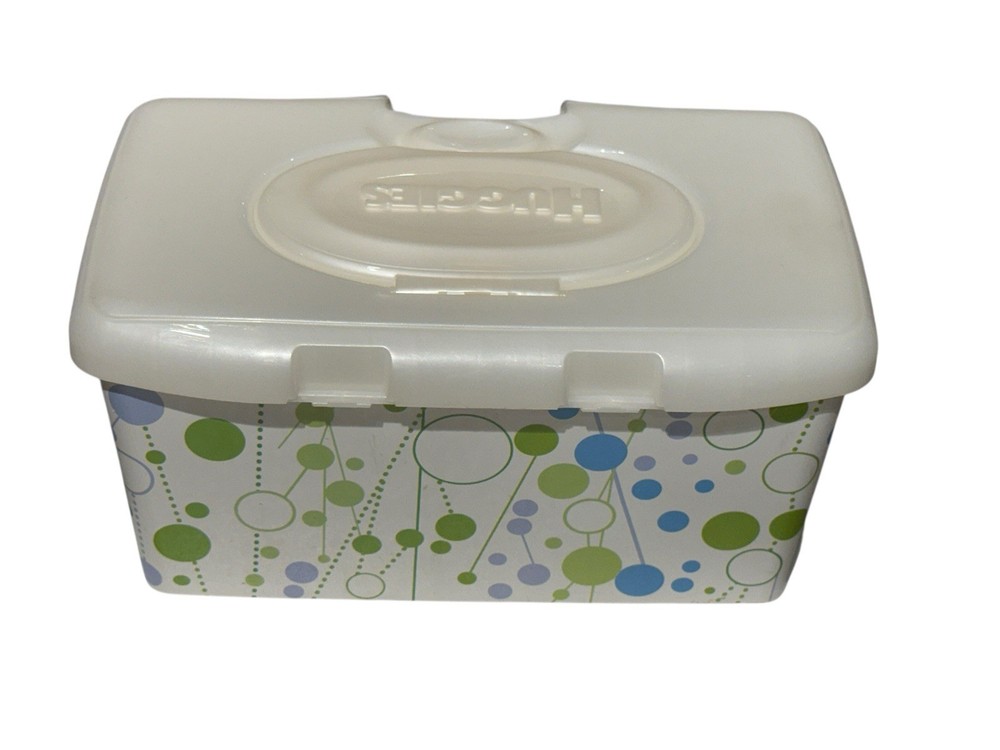 Empty Hard Plastic Baby Wipe Container Green Blue Dots Circles Refillable