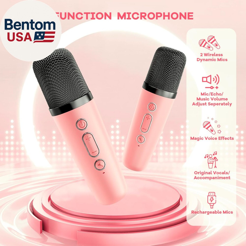 Mini Karaoke Machine for Kids Adults, Bluetooth Speaker with 2 Wireless Micropho