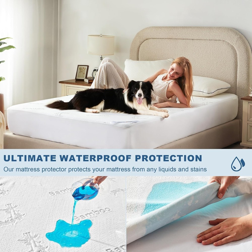 Queen Size Waterproof Mattress Protector Viscose Derived from Bamboo, Soft Ma...
