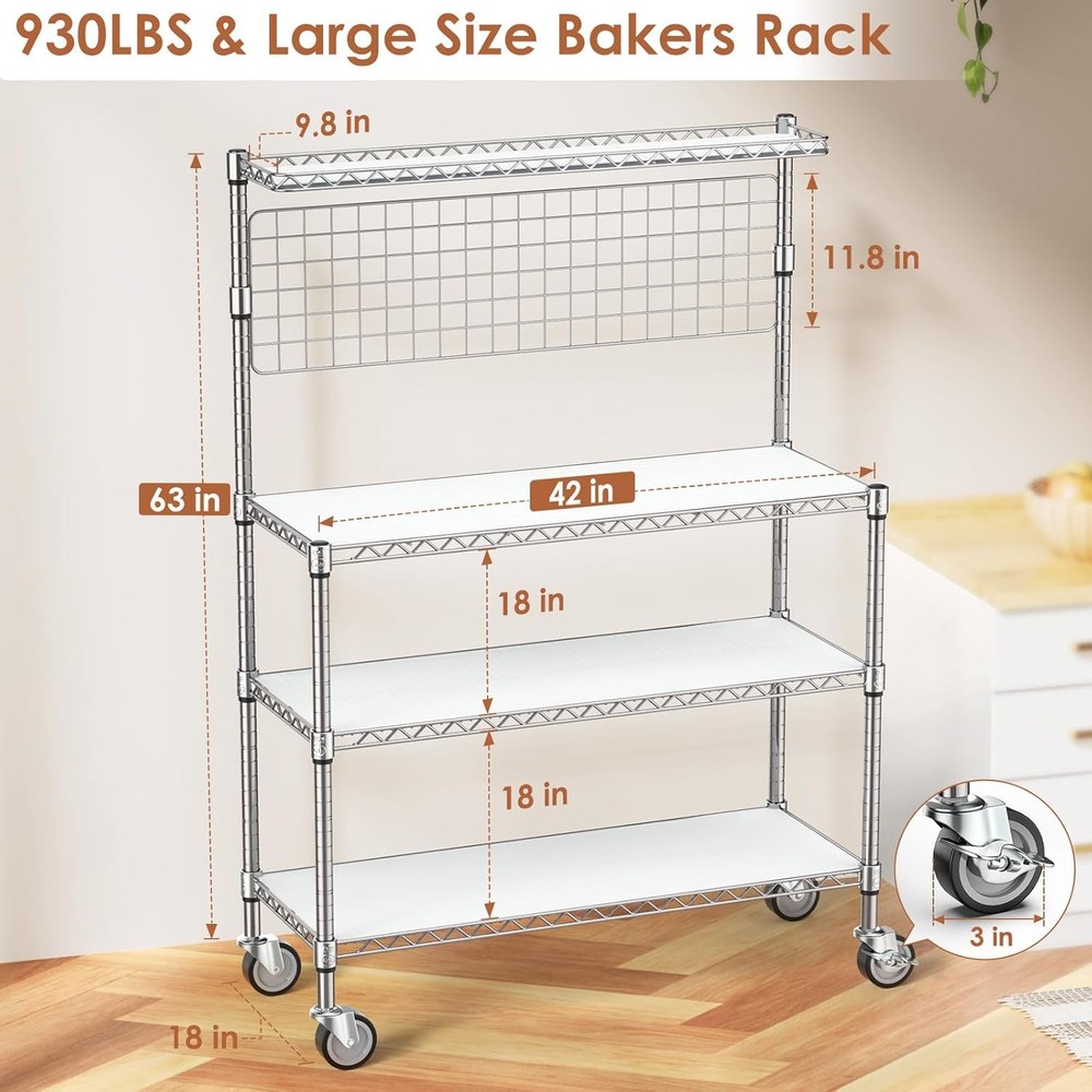 Baking Rack with Storage Wheels, 42-Inch Microwave Stand Kitchen Shelving Unit